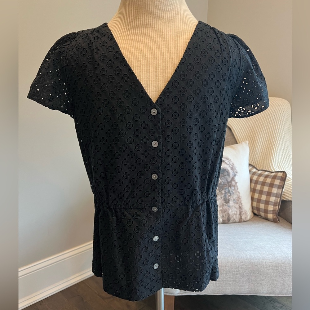 J. Crew Black Eyelet Peplum Blouse